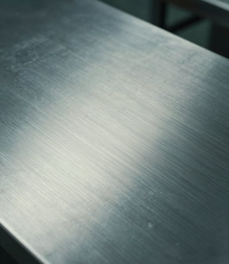 Detailed close-up photography of a high-grade brushed stainless steel surface showing its refined texture. The lighting is dramatic and cool, with shadows in charcoal teal and highlights in soft off-white. The composition is professional and pragmatic, emphasizing the material's strength and sophisticated finish in an East Asian / Chinese workshop setting.