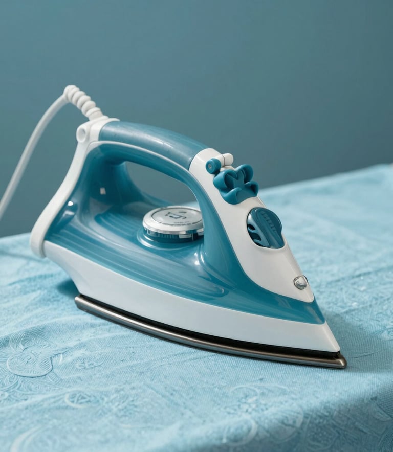 A professional steam iron gliding over a delicate fabric, clean environment, aqua blue tones, professional photography, Southern European / Corsica.