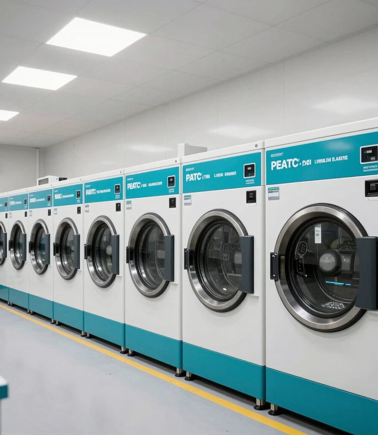 A wide, bright shot of a modern laundry facility in Porto-Vecchio with high-tech machines and teal blue accents, clean and organized, Southern European / Corsica.