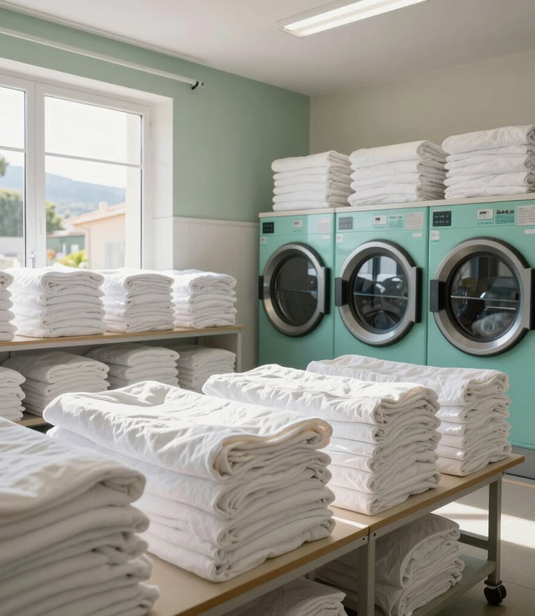 A high-end professional laundry interior in Porto-Vecchio, Southern Corsica. Bright natural sunlight illuminates rows of neatly stacked white organic cotton linens. The space is decorated with accents of sage green and teal blue, reflecting a modern, clean, and airy Mediterranean atmosphere.