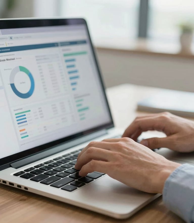 A close-up photograph of a professional's hands in a North American office setting, working on a sleek laptop with a digital analytics dashboard visible, soft morning light, professional and clean style.