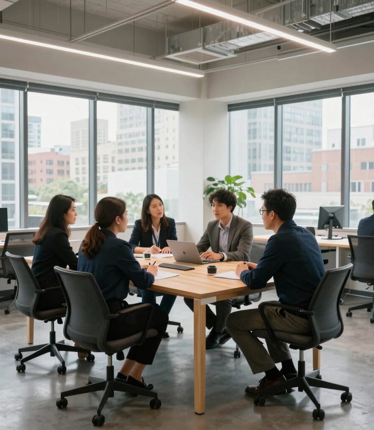 A wide-angle shot of a bright, contemporary open-plan office in a North American city. Professionals are engaged in active discussion around a light-colored wooden table with soft, natural lighting coming from large windows.