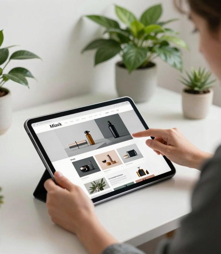 A professional person in a bright North American creative studio reviewing website designs on a large tablet, clean and airy composition with emerald green plant accents.