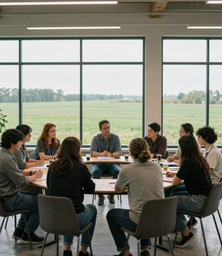 Photography of a modern agricultural collaboration in North American / Canadian rural setting. A group of people in smart-casual attire are engaged in a professional workshop inside a bright community hall with large windows showing a pale green field outside. The mood is community-focused and forward-thinking.