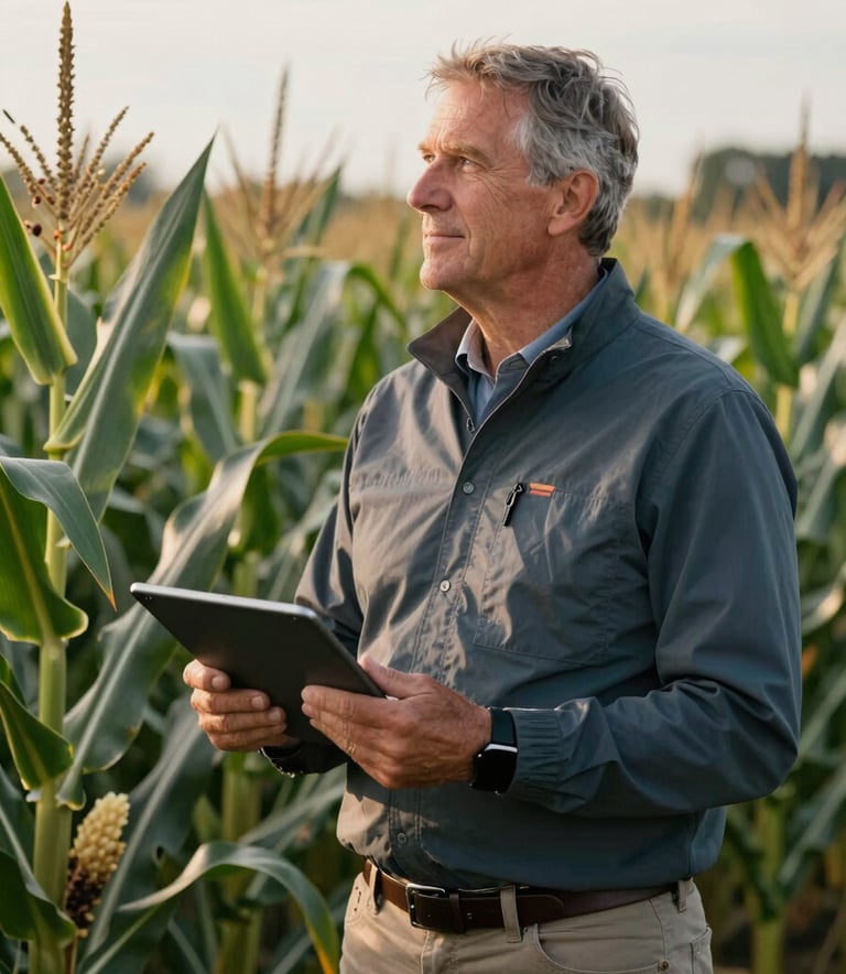 A professional portrait of a North American agricultural expert in Huron County standing in a sustainable cornfield, wearing professional outdoor attire and holding a tablet.