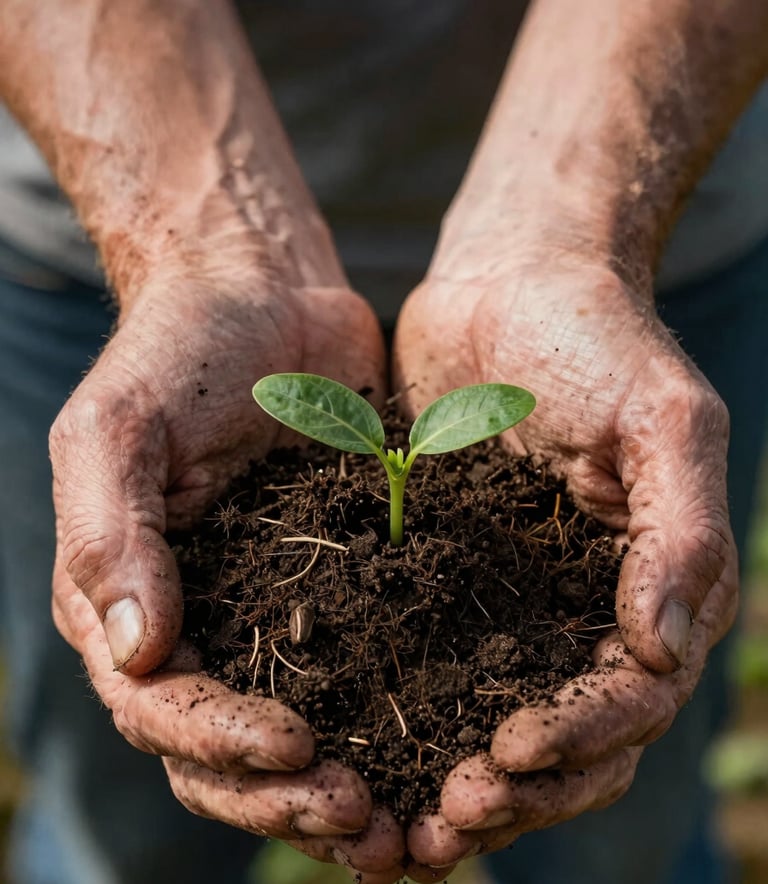 Close-up of a pair of weathered hands holding a handful of dark, rich soil in a North American field, a small green seedling emerging, captured in crisp, natural light to show texture and life.