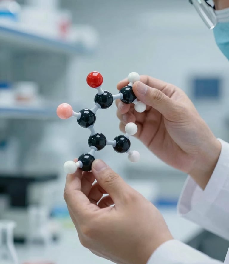 A close-up shot of a professional chemist's hands carefully holding a 3D molecular model. The background is a clean, modern laboratory with subtle hints of #3D6B7A and #8BAAB7 equipment. The lighting is bright and precise, conveying authority and clarity.