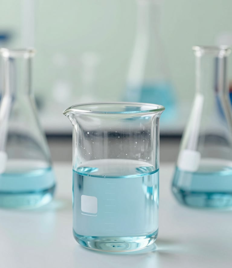 Macro shot of glass laboratory beakers filled with clear and blue liquids, reflecting soft light. The background is a clean, modern lab setting using the #3D6B7A and #F8F9F3 palette. Sophisticated and precise composition.