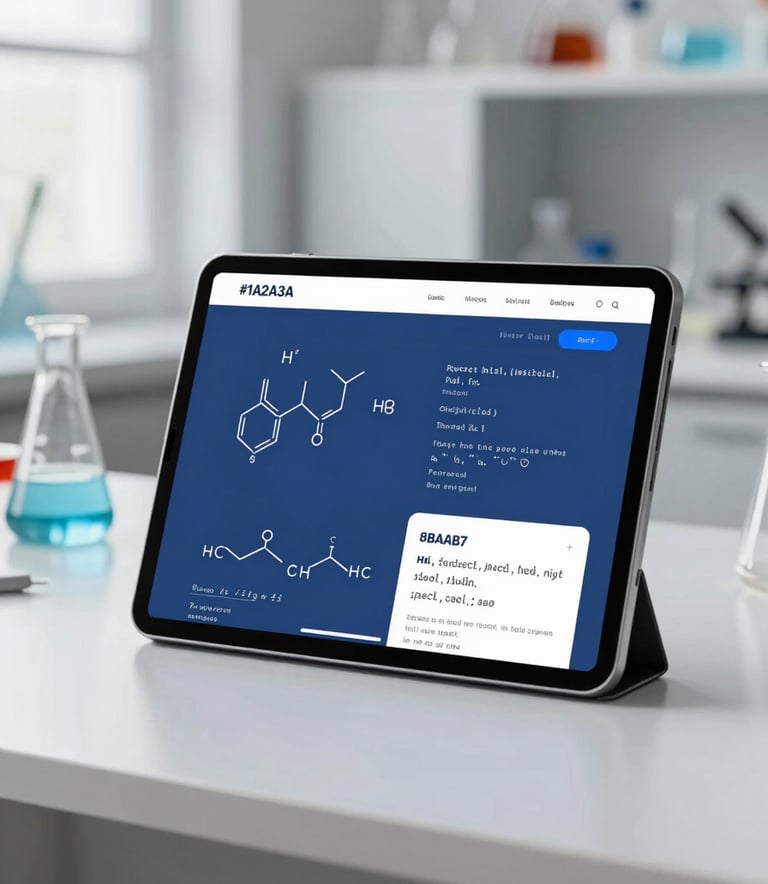 An organized, modern chemistry workspace featuring a high-end tablet displaying complex chemical equations. The aesthetic is clean and minimal, utilizing the brand palette of #1A2A3A and #8BAAB7. Soft natural light highlights the precision of the setting.