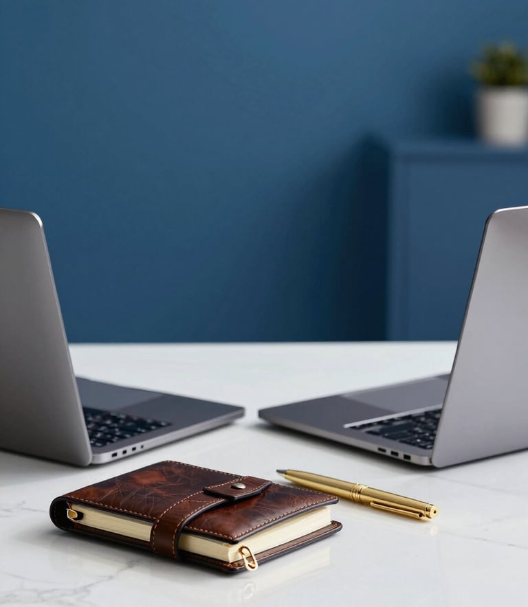 Professional setting showing a clean white marble desk with a slim laptop, a leather planner, and a gold pen. The background features a soft-focus royal blue office wall.