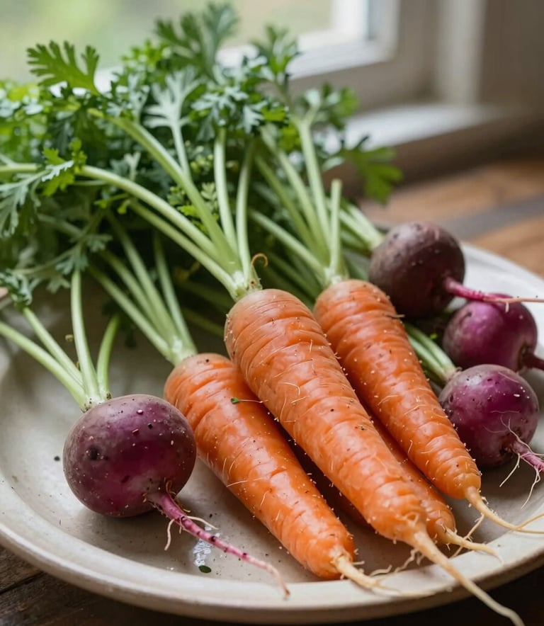 A rustic, close-up shot of a farm-to-table vegetable platter. Includes heirloom carrots and radishes on a Crisp Parchment ceramic plate. Natural, soft window lighting highlights the textures. Matte Forest Green herb garnishes contrast with the earthy tones.