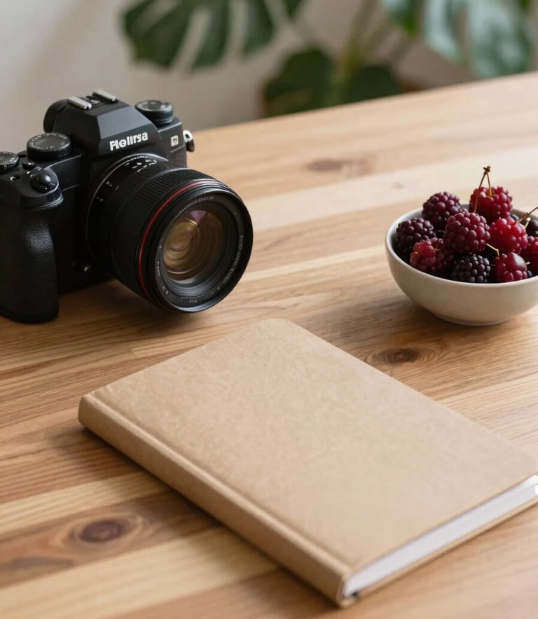 A high-angle professional photography shot of a content creator's desk. Features a high-end camera, a Crisp Parchment colored notebook, and a bowl of Deep Ripe Crimson berries. The background shows a soft-focus Scandinavian-style wooden interior with Matte Forest Green plants.
