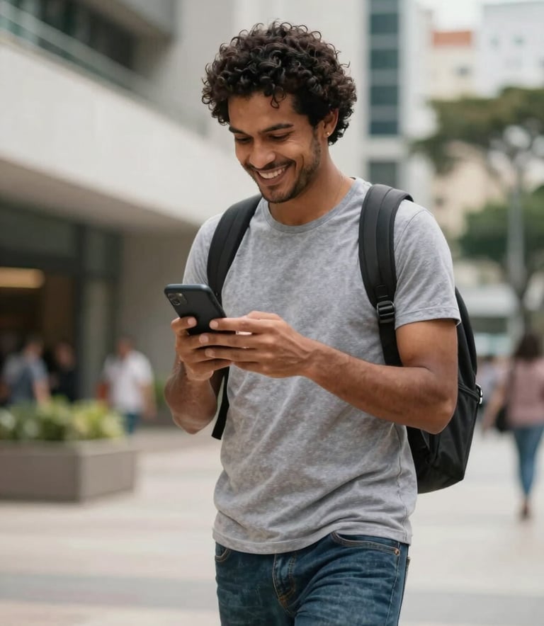 Candid photography of a South American / Brazilian man looking at his phone with a smile while walking in a modern urban plaza. The background is blurred, focusing on the human connection with technology and social influence. Professional lighting.