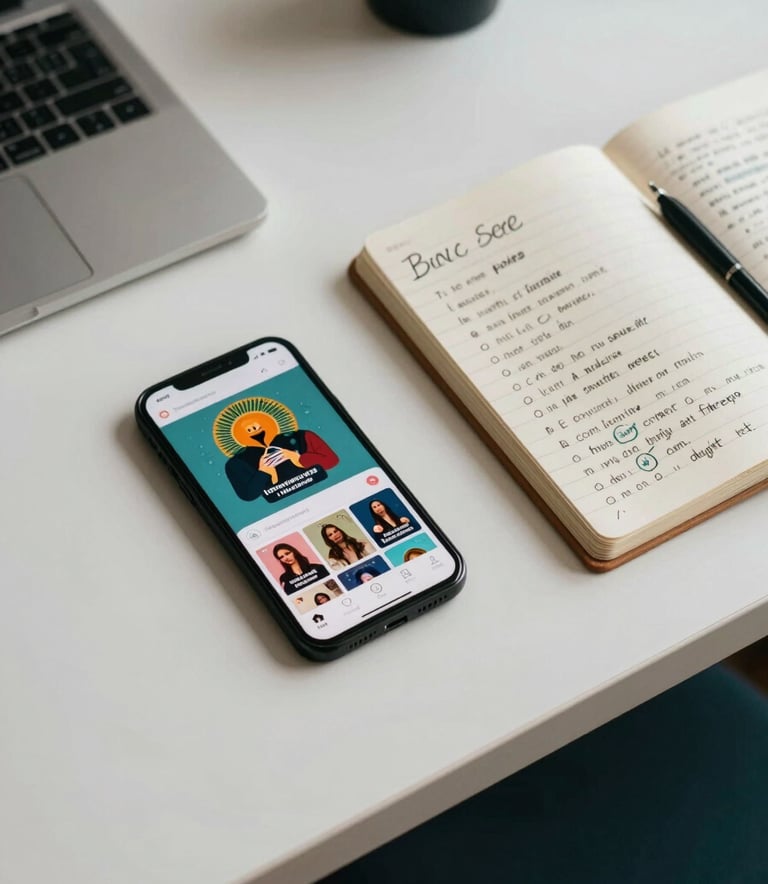 A top-down professional photography shot of a modern, clean desk in a South American / Brazilian creative studio. A smartphone displays a vibrant social media feed next to a notebook with strategic notes. Soft, natural morning light, emphasizing a results-driven workspace with teal and off-white accents.