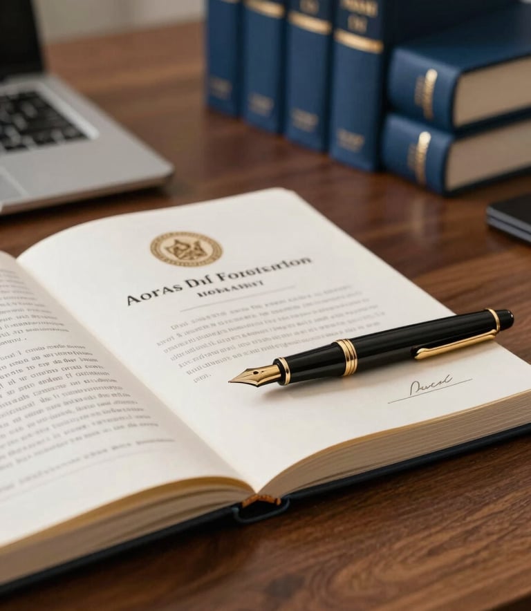 A close-up photograph of formal legal credentials and a gold-nibbed fountain pen on a polished dark wood desk in a South Asian / Pakistani office. In the background, deep blue law books are neatly arranged, suggesting a modern and authoritative environment.