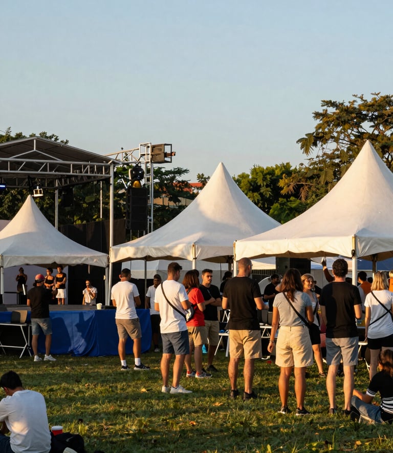 A vibrant photo of a community event in a local park. People are gathered near a steel blue stage. The lighting is warm golden hour sunlight, reflecting off soft off-white event tents.