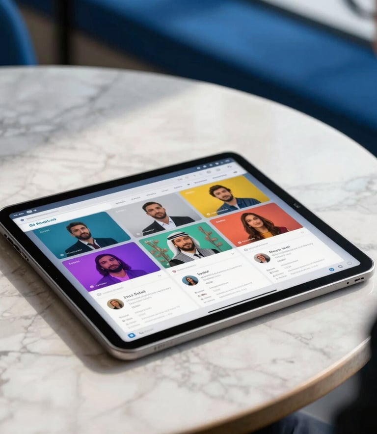 A professional, medium shot of a tablet resting on a marble table in a Middle Eastern business setting. The tablet screen shows a colorful social media marketing dashboard. The lighting is bright and airy, with royal blue accents in the background.
