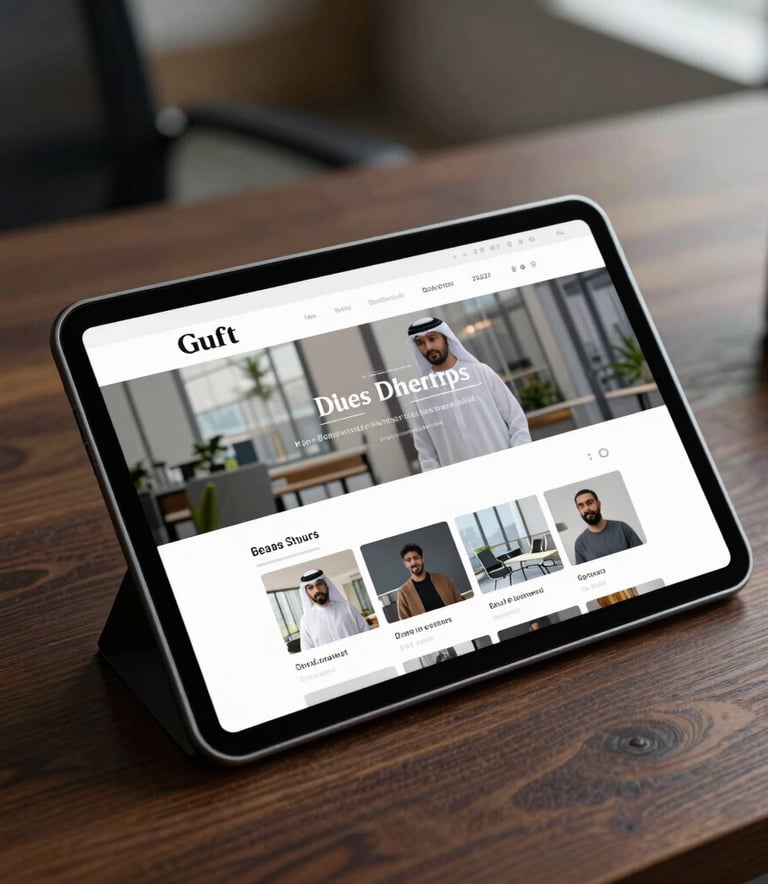 Close-up of a high-resolution tablet displaying a modern website layout on a dark wooden desk in a professional Gulf region business suite.