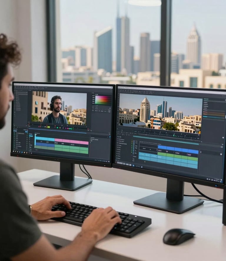 A creative professional editing video content on dual monitors in a clean, modern studio with architectural views of a Middle Eastern city skyline.