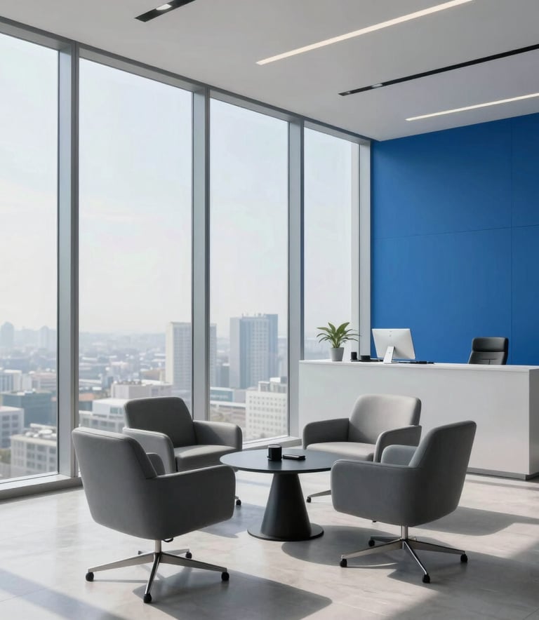 A high-end, eye-level photograph of a sleek, minimalist business lounge in a Middle Eastern business hub. Soft morning light enters through floor-to-ceiling windows. The scene is dominated by a palette of soft grey and royal blue, conveying premium professional standards.