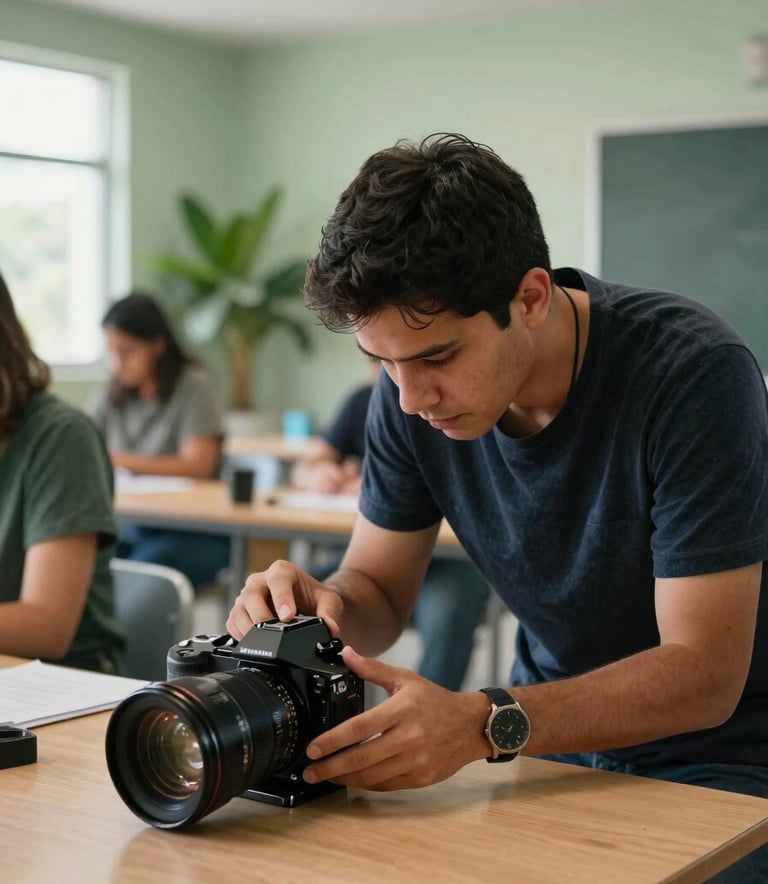 A hands-on professional training workshop in a modern South American educational facility, bright natural lighting, sage green and leaf green accents in the background.