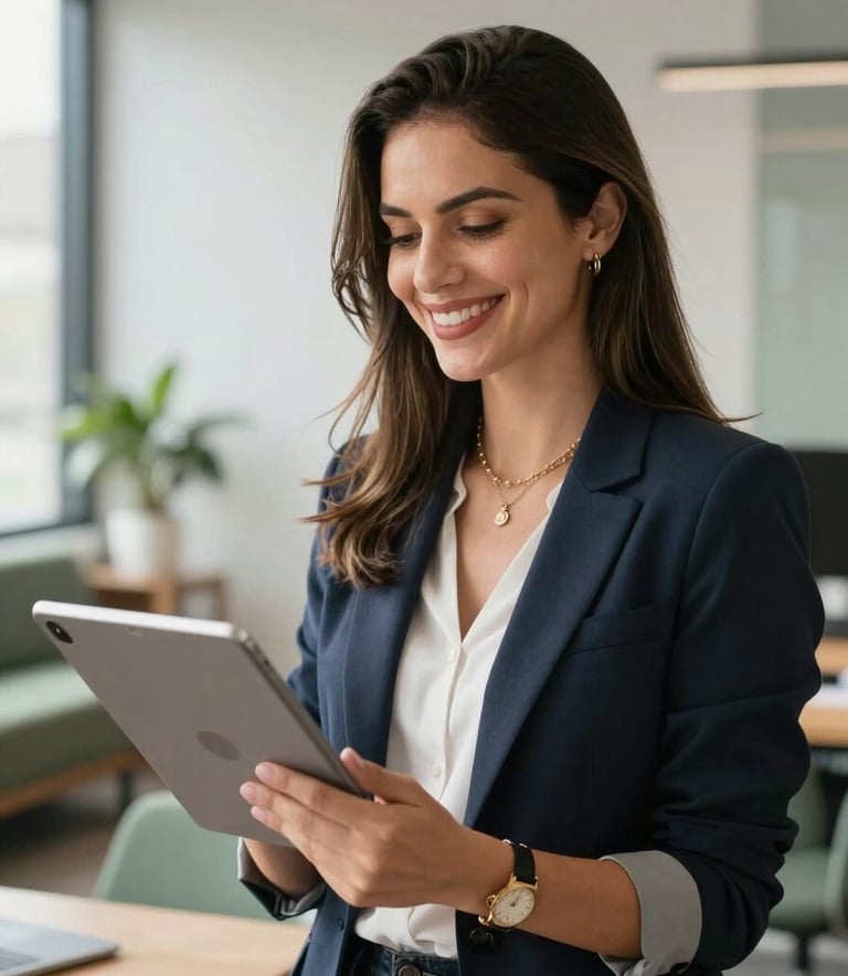 A close-up photograph of a professional Brazilian educator in a modern, sunlit office in São Paulo, holding a digital tablet and smiling warmly. The setting is professional and inviting, featuring minimalist furniture with sage green accents and a bright, airy atmosphere.