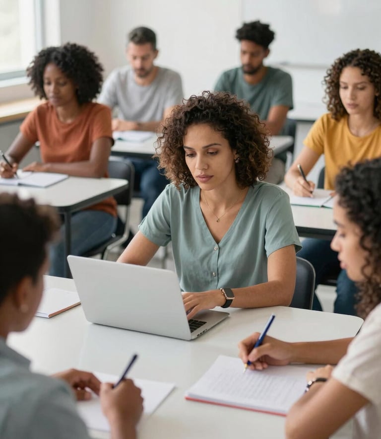A diverse group of adults in a bright, modern classroom setting in Brazil, engaged in a collaborative learning activity, professional and clean style.