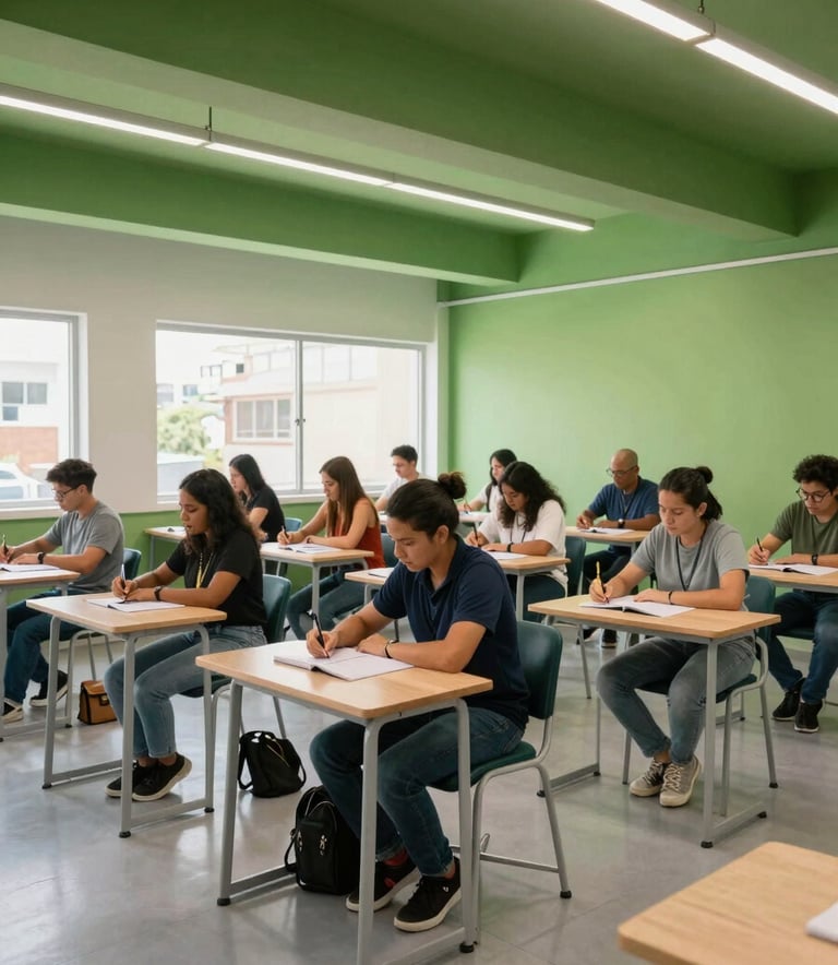 Photography of a modern learning space in a South American city. A diverse group of adult students is engaged in a workshop, with a clean, leaf green and light gray color palette. The composition is wide, showing a bright, professional environment with natural lighting.