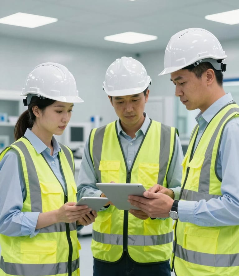 A professional portrait of project managers in safety vests and hardhats reviewing digital tablets inside a modern North American pharmaceutical facility, bright clean lighting, clinical and high-tech environment.
