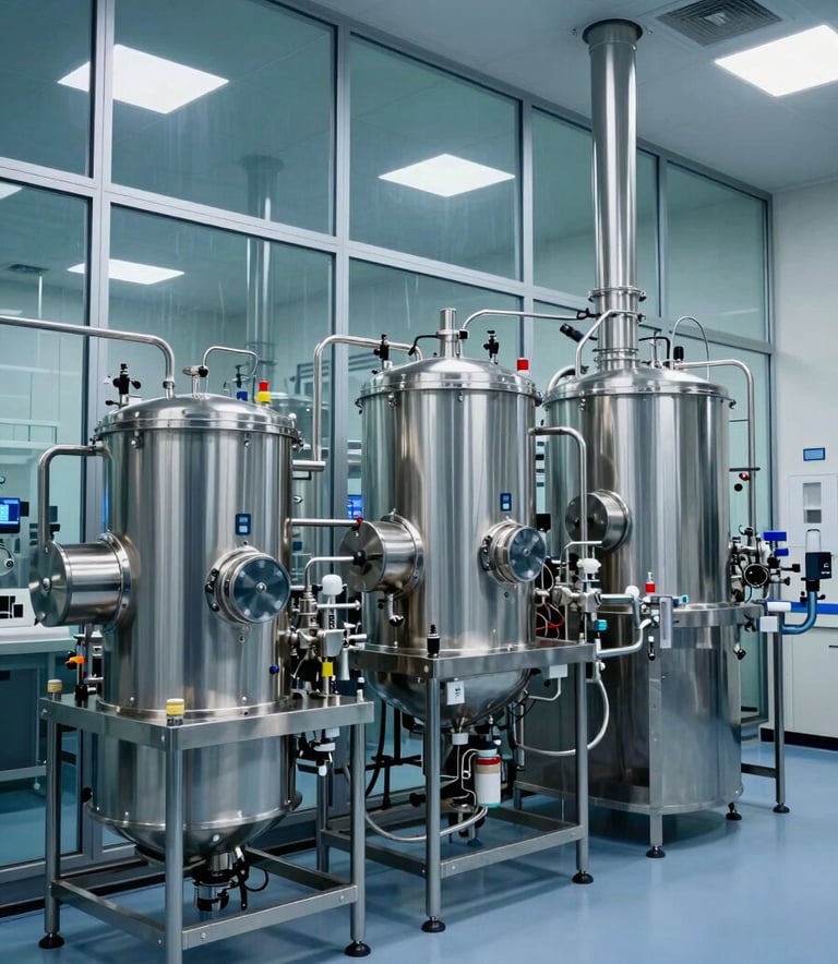 A wide-angle shot of a state-of-the-art Canadian pharmaceutical facility with stainless steel equipment and glass walls, reflecting high standards and precision, cool blue and slate tones.