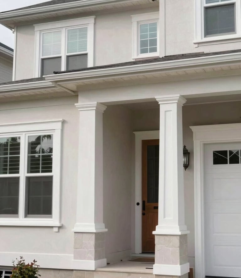 A close-up photograph of a high-value residential property undergoing professional restoration in a North American suburb, focused on clean architectural lines and high-quality materials, soft daylight, professional and tidy workspace.
