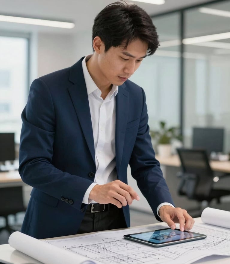 A professional project manager in a sharp navy blue blazer reviewing blueprints on a digital tablet in a bright, modern North American corporate office, architectural detail in background, clean lighting.