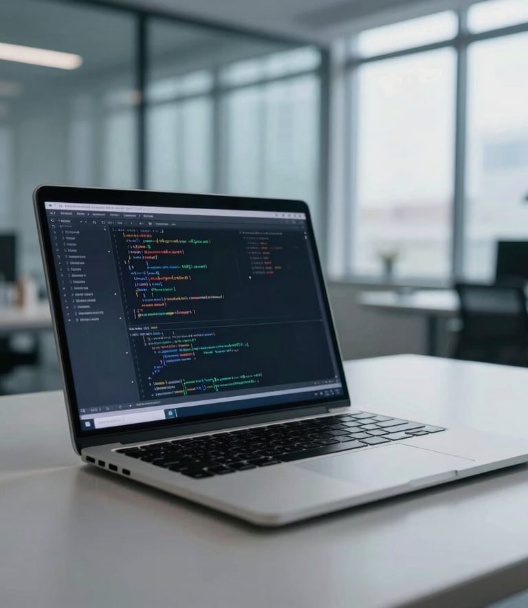 A modern architectural workspace featuring a high-end laptop displaying complex code and data structures. Soft natural lighting through large windows in an International Business setting. Muted blue and light gray color palette.