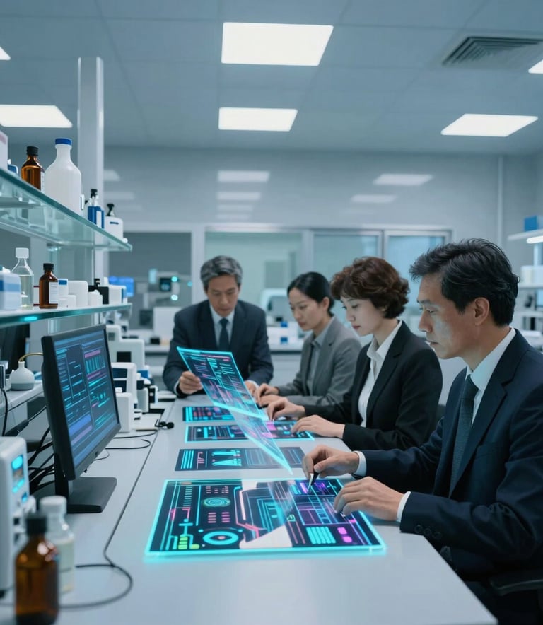 A high-tech laboratory setting with sleek glass workstations and soft blue ambient lighting, a professional team in business attire analyzing holographic data projections on a clean surface, International / Business setting, wide angle photography.