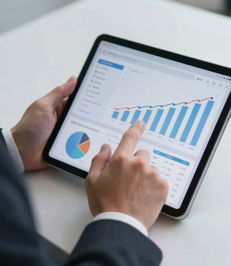A close-up of a professional hand in business attire interacting with a sleek tablet showing real-time growth analytics. International Business setting with bright, clean lighting and light gray background.