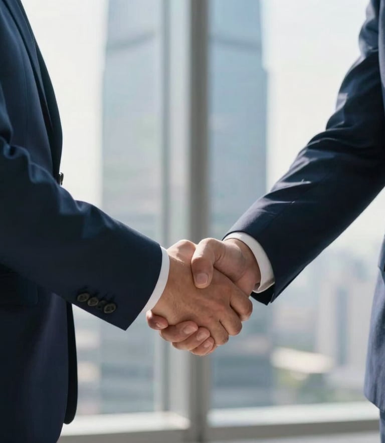 Close-up of a professional in a navy blue suit shaking hands with a partner in a high-rise executive suite, soft morning sunlight filtering through glass, deep blue and silver tones, International / Business, shallow depth of field.