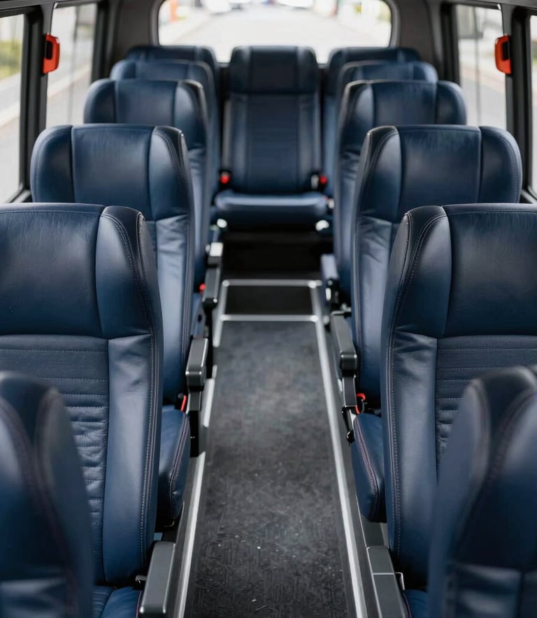 A high-angle interior shot of a modern luxury bus, showcasing deep navy leather seats with integrated headrests and a clean, spacious aisle. The lighting is bright and professional, highlighting a sophisticated and reliable travel environment in a North American setting.