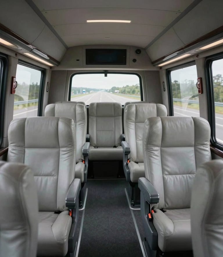 Interior view of a luxury motorcoach with spacious light gray leather seats and large windows overlooking a North American highway.