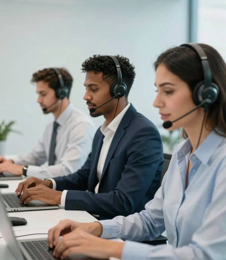 A diverse South American / Brazilian professional team in a modern, bright office working with headsets, blurred background of a clean workspace, soft light blue and white palette.