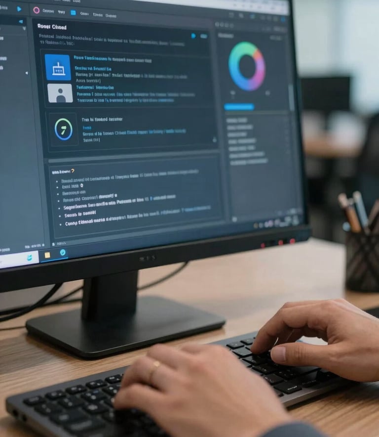 Close-up of a sleek digital communication interface on a modern computer screen, hands typing on a keyboard in a professional South American / Brazilian office, muted blue and slate colors.