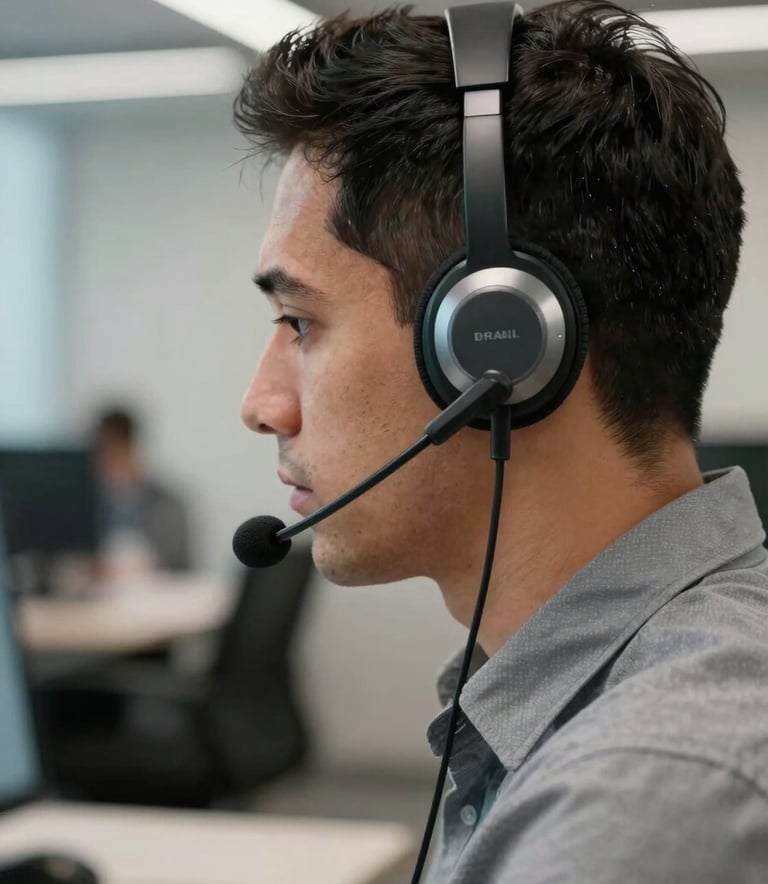 A close-up photograph of a professional South American telecommunications professional wearing a high-quality sleek headset, working in a modern office in Brazil with soft lighting and a slate gray and silver color palette.