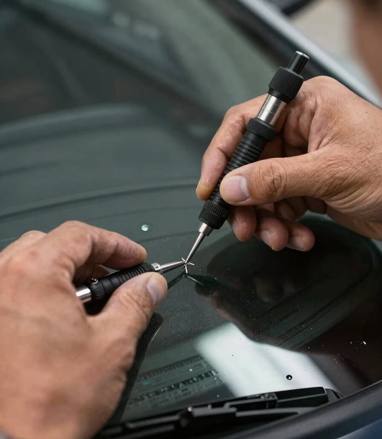 A close-up photograph of a technician's hands using professional tools to carefully repair a small chip on a windshield, focusing on precision and safety in a North American setting.