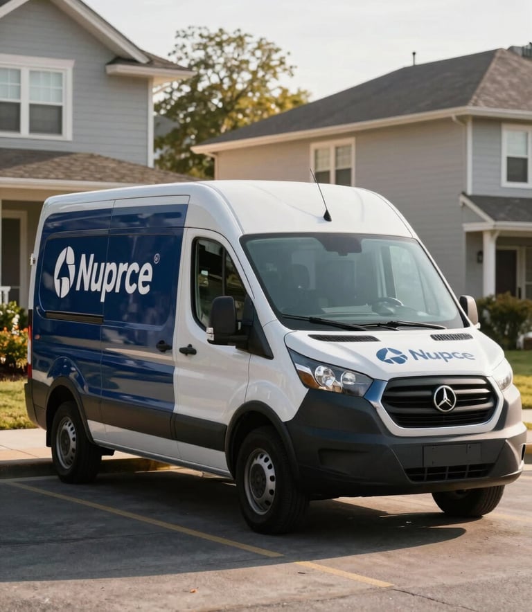 A clean, modern mobile service van with professional branding parked on a quiet North American residential street, morning light, reflecting a sense of reliability and modern efficiency, colors include dark blue and off-white.