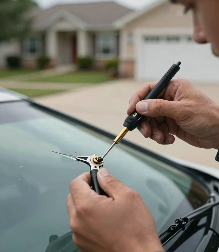 Close-up of a professional technician's hands using precision tools to repair a windshield chip, North American suburban driveway background, soft natural daylight, colors featuring muted blue and amber accents.