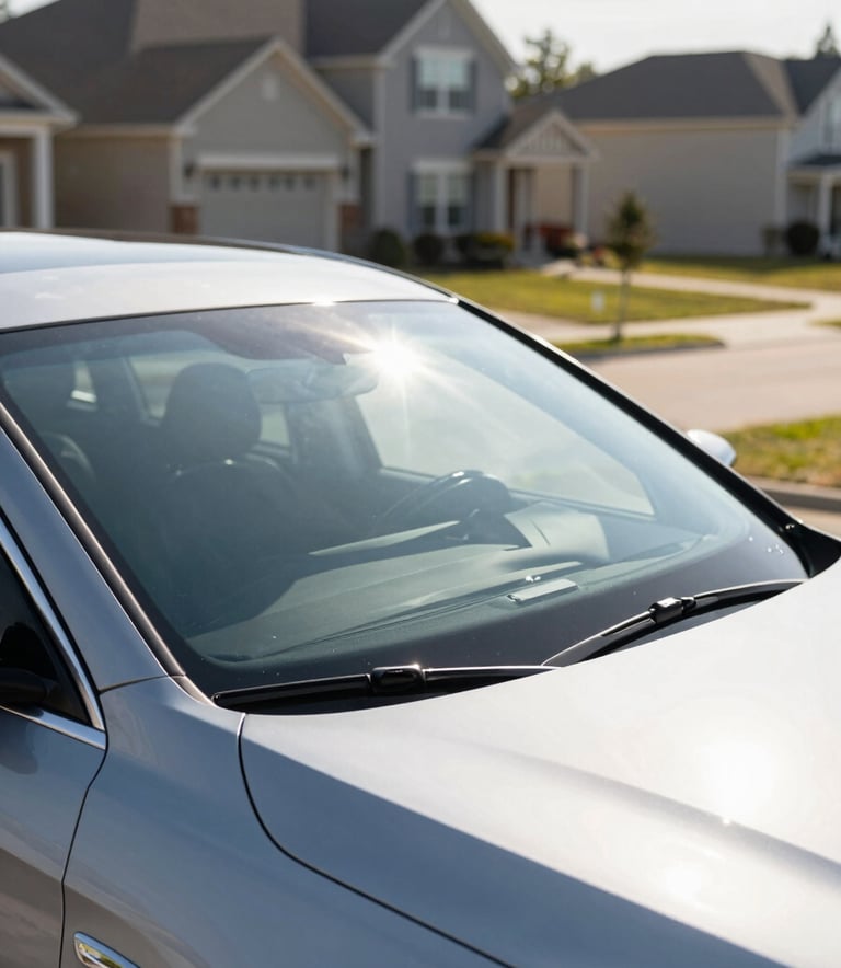 A side profile of a premium sedan with a pristine, perfectly reflecting windshield, parked in a safe North American suburban residential driveway during a clear, bright afternoon.
