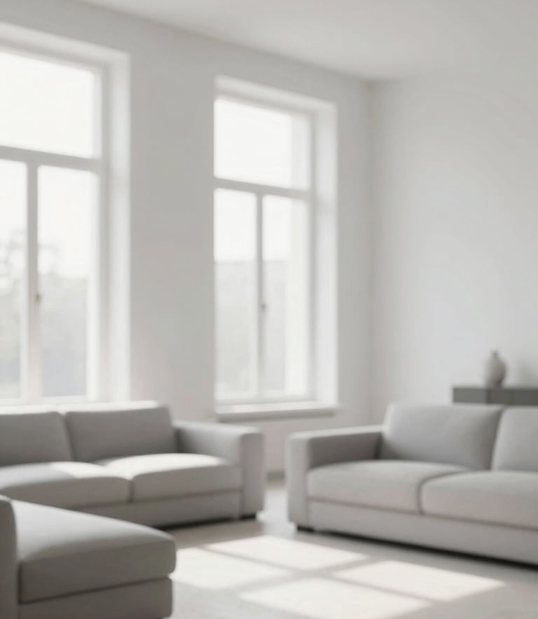 Interior shot of a minimalist, light-filled living room featuring soft gray upholstery (#CED4DA) and white walls (#F5F7F8). The composition focuses on natural light pouring through large windows, emphasizing a sense of space and tranquility.