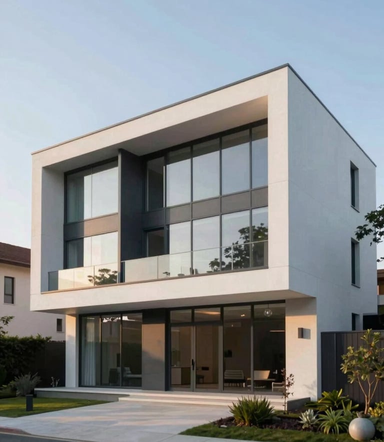 A striking exterior shot of a modern residential property with sharp geometric lines and floor-to-ceiling glass windows. The architecture features white concrete and dark metal accents (#2B3E51). Soft afternoon lighting highlights the minimalist landscaping and refined luxury.