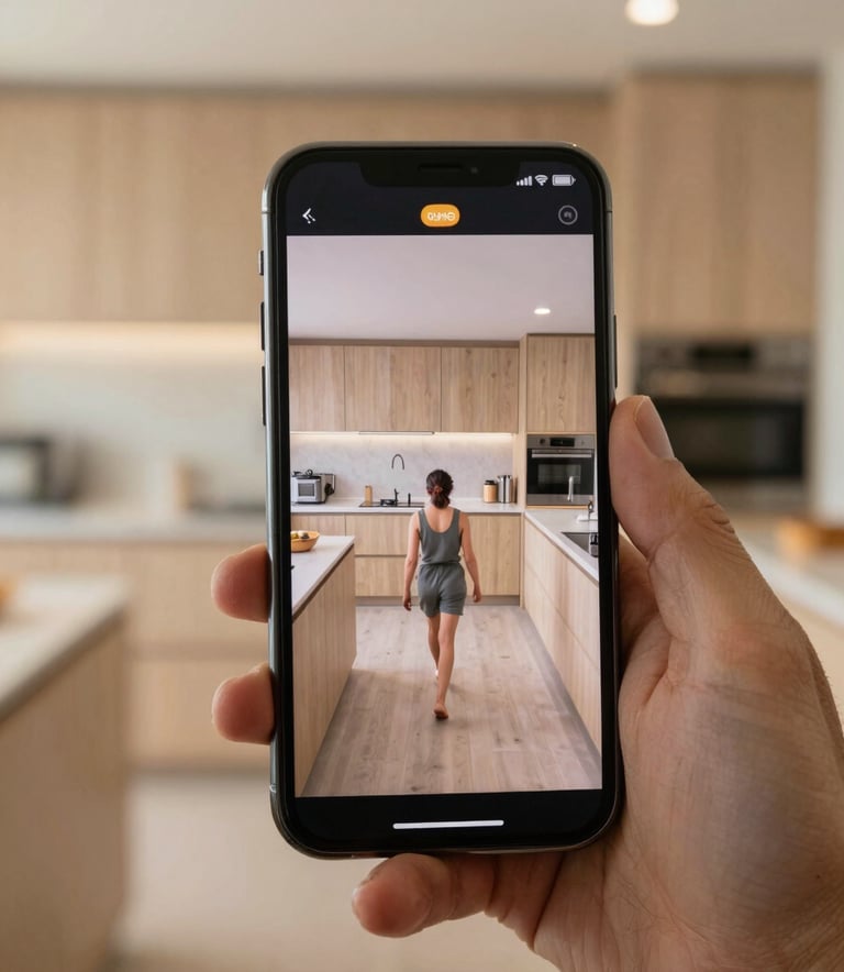 A high-quality smartphone held by a professional hand, recording a video walkthrough of a soft sand colored kitchen. The lighting is dependable and professional, showing a realistic view of the space.