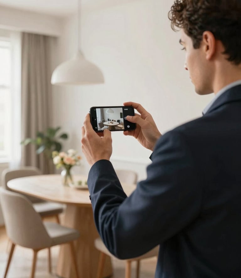 A professional inspector holding a modern smartphone, recording a video walkthrough of a stylish dining area. The scene is bright and airy with warm off-white and soft tan decor, conveying empathetic efficiency and modern trust.