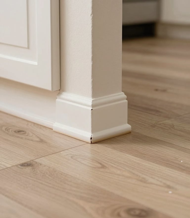 A sharp, detailed close-up photography of a pristine kitchen floor meeting a baseboard in a Phoenix home, emphasizing professional inspection and attention to detail. The lighting is bright and clear, with soft tan and warm off-white tones throughout the interior space.